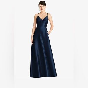 Navy blue satin wedding guest dress or prom dress.
Bust: 33
Waist: 27
Hips: 31